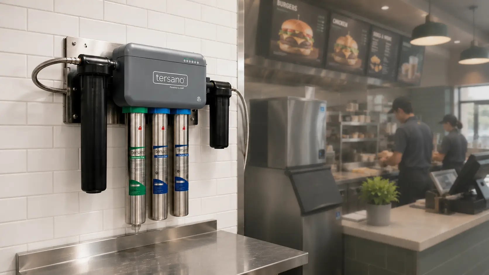 lotus® Water Treatment System installed in a commercial kitchen — chemical-free water line treatment